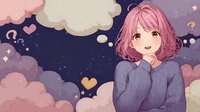 Dreamy anime girl with pink hair and golden eyes pondering against starry night sky with fluffy clouds and floating hearts.