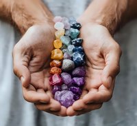Hands holding collection of colorful healing crystals and gemstones including amethyst, citrine, rose quartz, and sodalite arranged in rainbow pattern for spiritual practice.