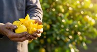 Young farmer holding fresh yellow star fruit in hands with blurred orchard background, suitable for agricultural, farming, and food production content.