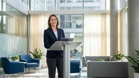Professional businesswoman presenting at podium in modern corporate office lobby with glass walls and contemporary furniture for meetings and conferences.