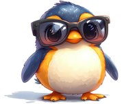 Cool penguin chick wearing oversized sunglasses on white background, adorable baby bird character isolated for design projects and digital artwork.