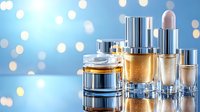 Luxury cosmetic bottles and containers with golden glitter on reflective surface against blurred bokeh lights background, showcasing premium skincare products.