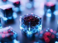 Glowing glass cube with dark crystals inside on blue and pink bokeh background, modern abstract composition for luxury product presentation and design.