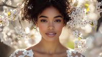 Young African American woman with natural curly hair surrounded by delicate white cherry blossoms in spring, soft bokeh background creates dreamy atmosphere.
