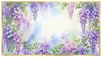 Watercolor wisteria flowers frame with purple blooms and green leaves on soft pastel background for spring wedding invitations and romantic designs.