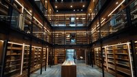 Modern library interior with multiple levels, illuminated wooden shelving, and central reading desk. Dark atmospheric lighting creates luxurious academic environment.