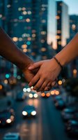 Couple holding hands against blurred city lights at dusk, symbolizing love, unity, and connection in an urban setting.