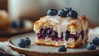 Fresh blueberry danish pastry with vanilla glaze and whole berries on top, served on rustic ceramic plate, close up view showing flaky layers and purple filling.