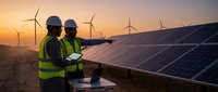 Two engineers in safety vests inspecting solar panels at renewable energy farm with wind turbines during golden hour sunset creating sustainable power.