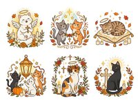 Cute cats and kittens in autumn themed illustrations with fall leaves, pumpkins, and seasonal decorations. Isolated clipart designs perfect for t-shirts, stickers, and craft projects.