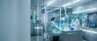 Scientist examining DNA helix hologram in modern laboratory with glass partitions and advanced equipment, representing genetic research and biotechnology innovation.