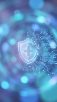 Digital healthcare security shield with medical cross and circuit board patterns on blue bokeh background for technology protection concepts.