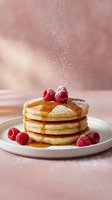 Stack of fluffy pancakes with maple syrup and fresh raspberries on white plate with powdered sugar dusting against soft pink background for breakfast menu.