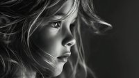 Dramatic black and white portrait of young Caucasian woman with flowing hair and intense gaze, professional studio lighting for beauty and fashion projects.