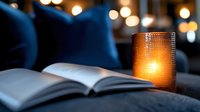 Open book with glowing candle in textured glass holder against dark background with bokeh lights creates cozy evening atmosphere for reading and relaxation.