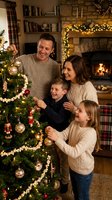 Family decorating Christmas tree together by fireplace with golden lights and holiday ornaments, creating festive memories during winter celebration.