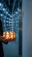 Hand holding glowing paper cutout figures in circle against blurred server room background, symbolizing network connectivity, teamwork, and digital collaboration for business concepts.
