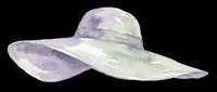 Watercolor wide-brimmed sun hat in soft purple and green tones, isolated on transparent background. Ready for t-shirt designs, clipart, stickers, sublimation, and print-on-demand products.