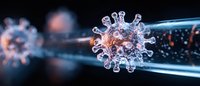 Microscopic view of coronavirus cell structure with protein spikes floating in blue light beam against dark background, medical science visualization.