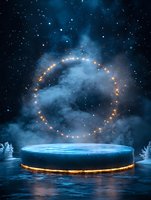 Mystical glowing platform surrounded by magical light portal in dark starry night sky with blue fog and illuminated winter trees on water surface.