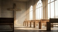Abandoned church interior with wooden pews, arched windows casting sunlight, and weathered cross on wall. Suitable for religious, spiritual, and architectural design projects.