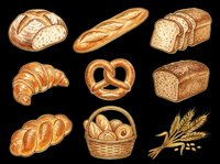 Assorted fresh baked bread loaves, croissants, pretzels and wheat isolated on transparent background. Ready for bakery designs, menus, t-shirts and print-on-demand products.