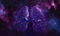 Human lungs shaped like cosmic nebula with branching bronchi resembling tree branches against purple and blue galaxy background with stars and space dust.