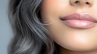 Close up view of plump glossy pink lips and silver gray wavy hair against light background, beauty and cosmetics concept for makeup and hair styling.