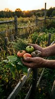 Farmer hands holding fresh organic tomatoes and herbs at sunset in rustic garden with wooden fence for healthy eating and sustainable agriculture.