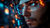 Futuristic portrait with glowing orange and blue digital elements overlaying face, dramatic lighting creates cyberpunk atmosphere for technology concepts.