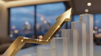 Golden arrow pointing upward on transparent glass steps in modern office with city skyline background representing business growth and financial success.