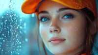 Young Caucasian woman in orange cap looking through rainy window with dreamy expression. Atmospheric blue tones and water drops create moody portrait lighting.