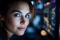 Young professional woman with blue eyes looking at camera in modern office environment with bokeh city lights background at night.