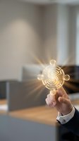 Businessman holding glowing dollar symbol with connected nodes representing financial growth, investment strategy, and digital wealth management in modern office setting.