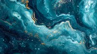 Abstract fluid art in deep ocean blue and turquoise tones with gold accents, featuring marbled swirls and organic flowing patterns. Luxury modern wall decor.