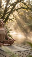 Middle-aged Caucasian woman practicing yoga meditation in serene forest setting with golden sunlight filtering through trees on wooden platform.
