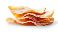 Crispy dried mango slices with sugar coating stacked in layers on white background, showcasing natural tropical fruit snack for healthy eating.