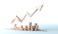 Rose gold arrow trending upward over stacked coins showing financial growth and investment success on light background, metallic business concept.