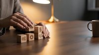 Hands arranging wooden blocks with gear symbols on desk, representing business strategy, process optimization, and workflow management for corporate planning.