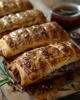 Flaky golden puff pastry rolls filled with savory meat, garnished with herbs and sesame seeds, served on wooden board with dipping sauce and rosemary sprigs.