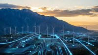 Renewable energy wind turbines with digital network overlay at mountain sunset showcasing sustainable technology and smart grid connectivity for future power.
