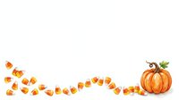 Candy corn scattered across white background with autumn pumpkin decoration, isolated design element suitable for fall seasonal graphics, Halloween invitations, and festive marketing materials.