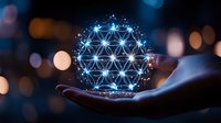 Futuristic holographic sphere with geometric network pattern floating above open palm against bokeh lights background for technology concepts.
