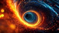 Mesmerizing spiral vortex combining fiery orange and cool blue energy streams with glowing particles and dynamic motion effects, creating cosmic abstract design.