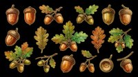 Acorns and oak leaves isolated on transparent background, ready for t-shirt design, clipart, stickers, sublimation, print-on-demand products and digital crafts.