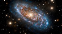 Stunning spiral galaxy with bright blue star-forming regions and reddish dust lanes against dark space background, surrounded by distant stars and celestial objects.