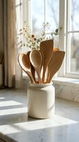 Wooden kitchen utensils in ceramic holder on marble counter with natural sunlight streaming through window creating warm shadows in modern home interior.