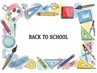 Back to school frame with colorful art supplies, stationery and educational tools arranged around white space for text or design elements.