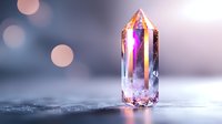 Crystal quartz point emitting magical purple and orange light on misty surface with bokeh background, mystical healing stone glowing with inner energy.