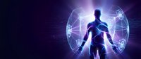 Human silhouette surrounded by glowing digital network connections and data visualization elements on dark purple background for technology concepts.